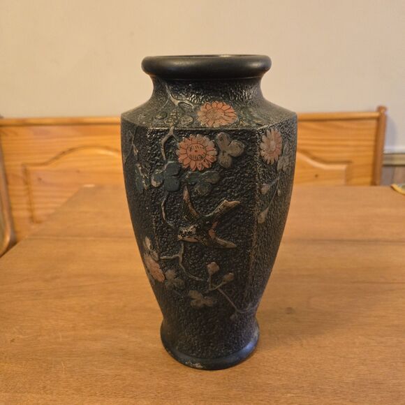 Other - Antique Vtg Japanese Tokanabe Black Vase Hand Painted Floral Bird 1920, 10" Tall